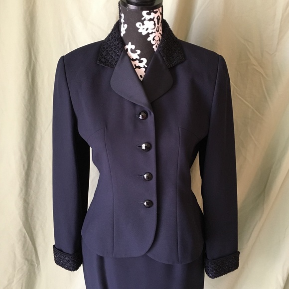 SOLD—Vintage 1990's Kasper Navy Bead Embellished Jeweled Skirt Suit, Size 2P - Picture 4 of 16